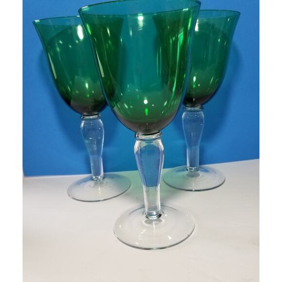 Three Art Land green glass goblets flared rim 7 3/4"  3.1476 - Picture 2 of 11